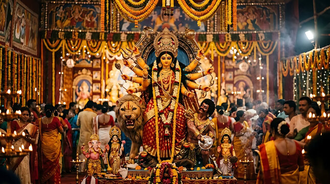Majestic idol of Goddess Durga during Durga Puja festival inside a decorated temple with devotees, celebrating victory of good over evil in traditional Hindu cultural ceremony.