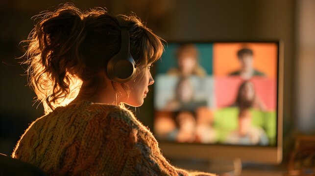 Focused young woman wearing headphones participates in a virtual video conference meeting during late evening with warm golden backlight illumination