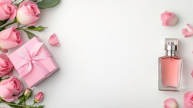 A beautiful arrangement of pink roses, a delicate gift box, and an elegant perfume bottle set against a soft white background