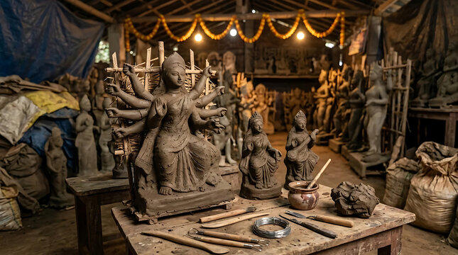 Traditional handcrafted clay idols of Hindu Goddess Durga and other deities in an artisan workshop, featuring sculpting tools and authentic festival preparation in India.