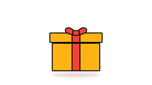 A simple yellow gift box icon with a red ribbon and bow isolated on a white background.