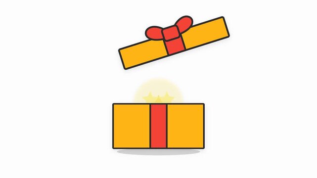 A simple flat vector illustration of an open gift box with a glowing surprise inside.