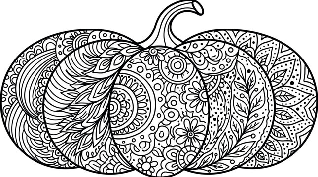 Detailed zentangle pumpkin vector illustration with intricate floral mandala patterns on white background, ornate autumn harvest line art for adult coloring book page.