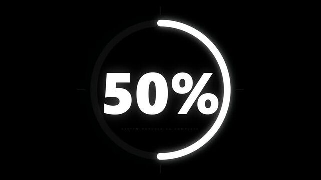 A white circular loading progress bar showing fifty percent completion on a black background.