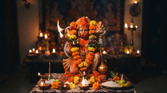 Lord Hanuman idol decorated with marigold garland and sindoor with glowing diya lamp for Kali Chaudas puja