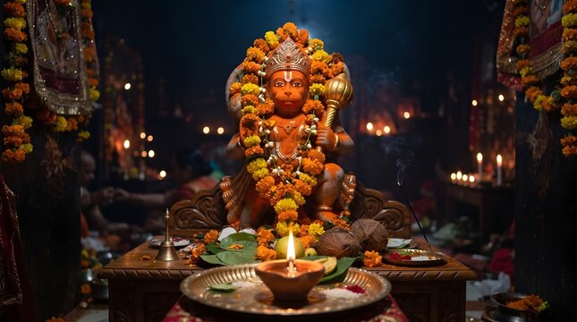 Hanuman Ji murti with diya oil lamp and flowers in dark temple on Narak Chaturdashi festival