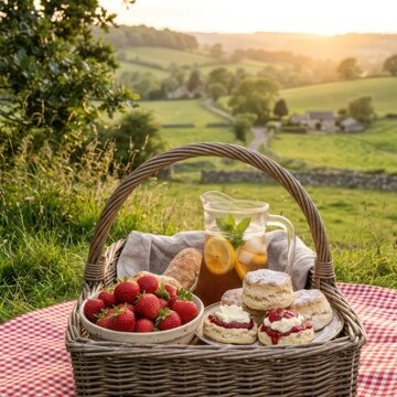 Picnic basket with scones and tea in scenic English countryside at sunset