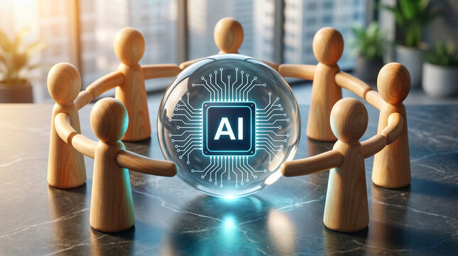 Human centric artificial intelligence concept featuring wooden figures united around a glowing AI microchip sphere