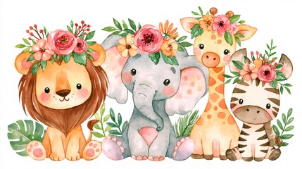 Fototapeta premium Cute watercolor safari baby animals with flowers