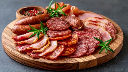 Obraz premium Assorted charcuterie board with gourmet meat, salami, and ham