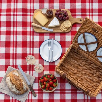 Summer Picnic Spread with Cheese Board and Wicker Basket on Checkered Cloth