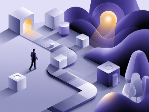 Clean business illustration of an agentic AI journey in insurance, composition aligned to the right with generous empty space on the left, soft ombre background and enterprise presentation style