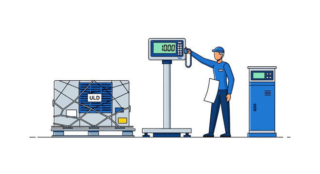 Logistics worker weighing air cargo ULD container on digital industrial scale vector