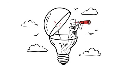 Naklejka premium Hand drawn illustration of businessman inside open light bulb looking through telescope for vision and inspiration concept.