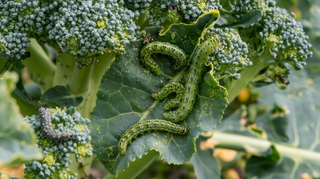 Cabbage worms infesting broccoli plant in organic garden