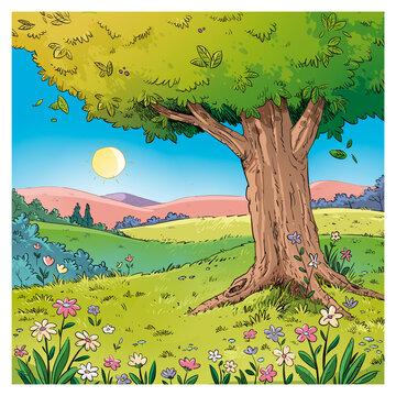 Illustration of a tree in the countryside in spring, children's drawing.