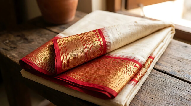 Traditional cream silk saree featuring an ornate red and gold zari border, elegantly folded on a rustic wooden table, highlighting intricate South Asian handwoven craftsmanship and ethnic attire.