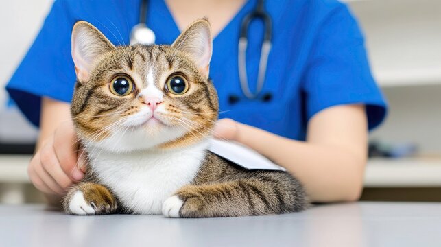 Caring veterinarian treats a tabby cat with pox at a pet clinic during a check-up session