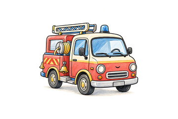 Fototapeta premium Cute colorful animated fire truck doodle compact fire engine