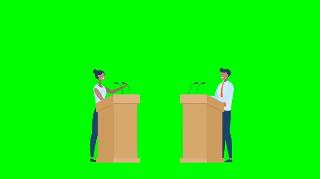 African-american man and woman speakers talking behind tribunes with mic. Political debates, corporate conference presentation, public speaking speech, discussion. 2d flat animation. Alpha channel