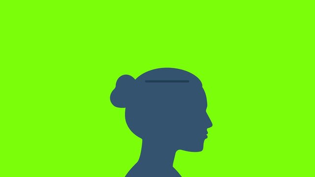 Seeking answer. Thoughts enter the brain. Propaganda. Silhouette of woman`s head. Side ways. Influence of others on a person's thinking. Opinion of internal voice. 2d flat animation. Alpha channel