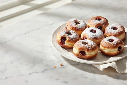 Sugar dusted jam doughnuts on a plate in bright window light on marble
