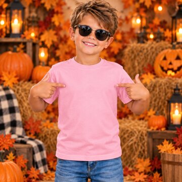 Outdoor autumn portrait of handsome boy model in pink short sleeve shirt standing with holiday decor. Children's basic t-shirt mockup. Holiday kid mockup. Fall, spooky season tee blank template 