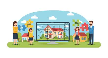 Fototapeta premium Online Real Estate and Family Home Buying Concept Vector Illustration