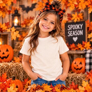 Outdoor autumn portrait of girl model in white short sleeve shirt standing with festive holiday decor. Children's basic t-shirt mock up. Holiday kids mockup. Fall, spooky season tee blank template 