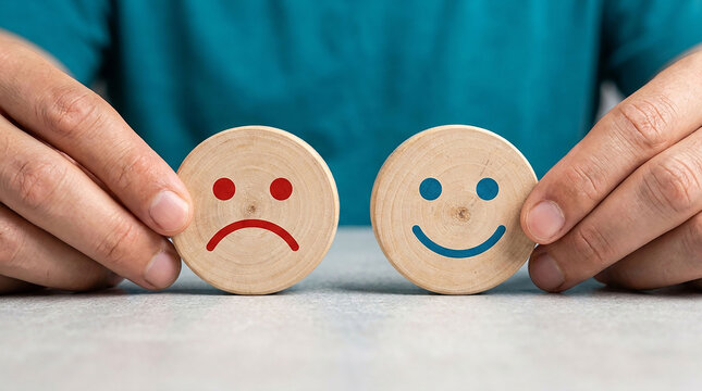 Emotional Spectrum: A person's hands display two wooden discs, one showing a sad face with a frown and the other a happy face with a smile, representing the range of human emotions and sentiment.