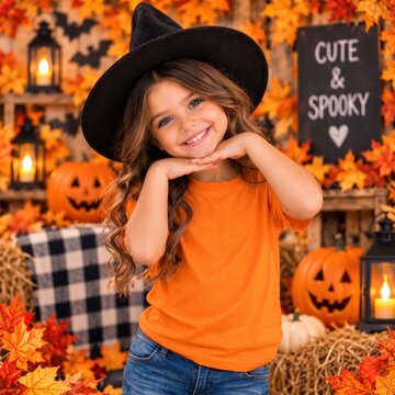 Outdoor autumn portrait of girl model in orange short sleeve shirt standing with festive holiday decor. Children's basic t-shirt mock up. Holiday kids mockup. Fall, spooky season tee blank template 