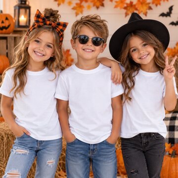 Boy with two girls wearing white blank short-sleeve shirts. Three kid models. Matching design Halloween shirt mock up. Multi t-shirt template. Group of kids, children indoors, fall, autumn holiday 