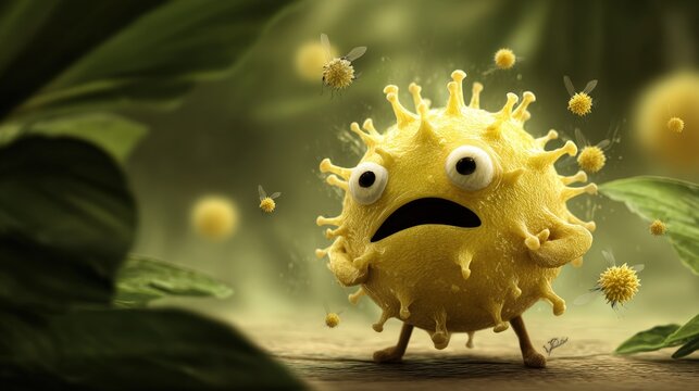 Golden Virus Orb: Isolated Glowing Microbe Showing Fear