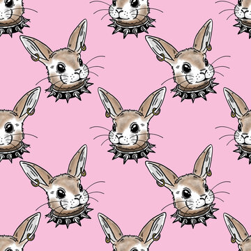 Cute baby punk rabbit hand drawn watercolour cartoon illustration repeating pattern