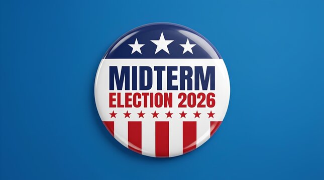 Midterm Election 2026 round campaign button on a blue background.