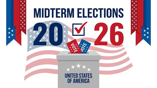 Midterm Elections 2026 banner with ballot box and American flag elements.