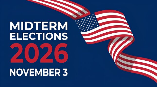 Midterm Elections 2026 banner with waving American flag.