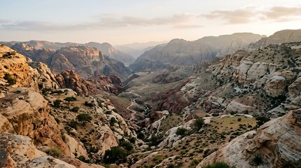 Fototapeta premium Desert canyon landscape at golden hour with dramatic rock formations and sparse vegetation