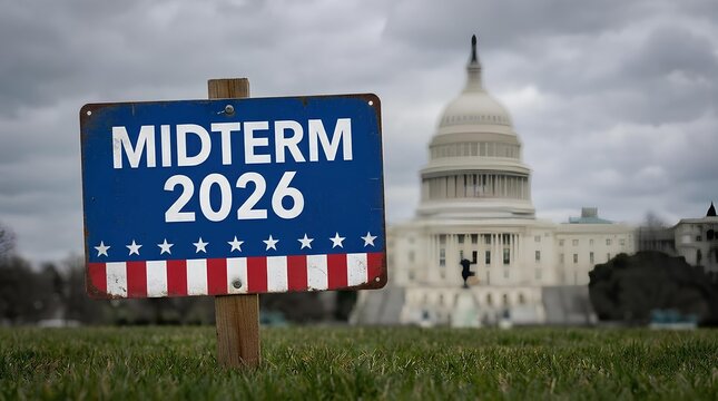 Midterm 2026 sign before US Capitol building.