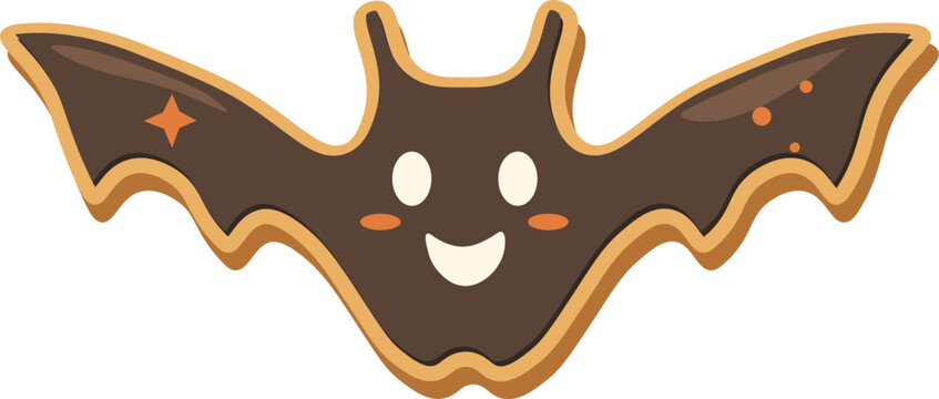 Cute Halloween bat shaped chocolate iced cookie with smiling face and orange star decoration, isolated vector illustration