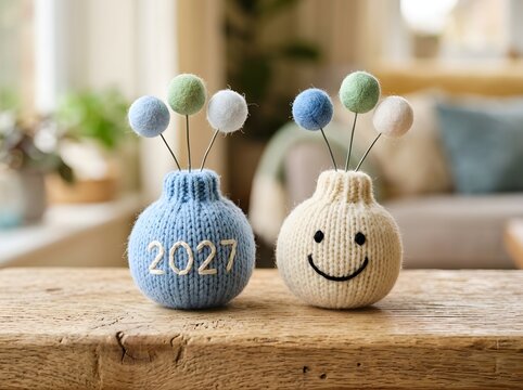 Two cute knitted decorative vases with felt balls on a wooden table, one featuring the year 2027 and the other with a happy smiley face