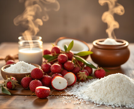 Lychees frais et noix de coco dans une composition rustique avec vapeur chaude, riz blanc et bols en terre cuite &eacute;voquant la cuisine asiatique traditionnelle
