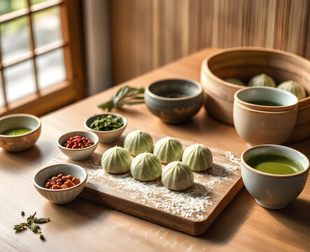 Bouch&eacute;es vapeur artisanales sur planche en bois rustique, accompagn&eacute;es de bols c&eacute;ramiques et condiments frais sous lumi&egrave;re naturelle douce pour une photographie culinaire minimaliste et chaleureuse in