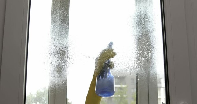 Window cleaning at home, cleaning solution sprayed onto the glass and wiped with a window squeegee.