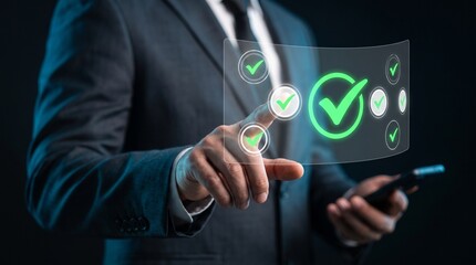 Obraz premium Businessman With Holographic Green Checkmark Interface, Tech Concept, Mobile Device Control, Success, Approval