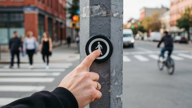 Hand pressing pedestrian crossing button