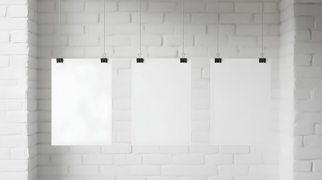 Three blank posters hanging on a white brick wall