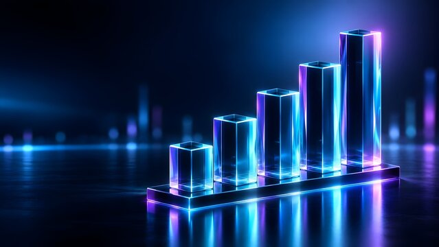 Digital economy and financial growth concept with rising glowing glass bar charts on a reflective neon surface