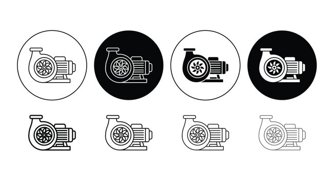 Industrial centrifugal pump vector icon set with flat line and glyph style options included.