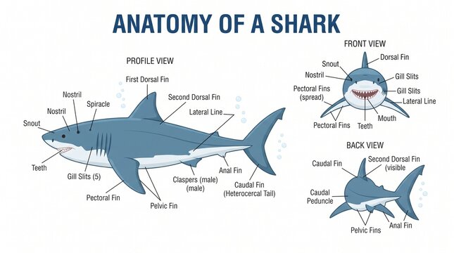 Educational Infographic Anatomy Of A Shark With Detailed Labels And Scientific Parts View
